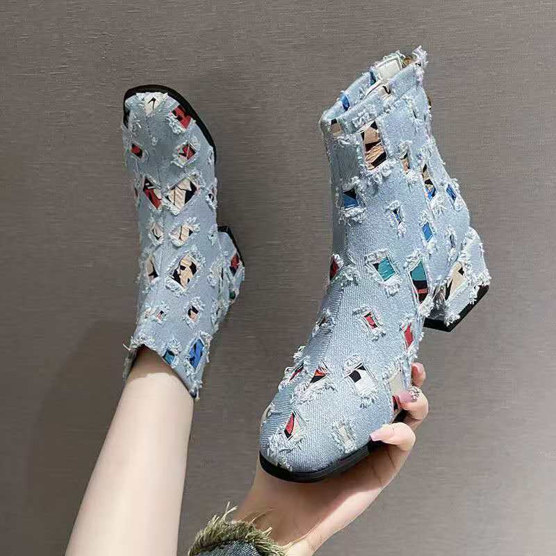 Sewing Zipper - Sepatu Wanita Denim Hak Tinggi Sol